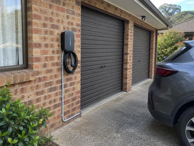 Wall-mounted EV charger on a brick house beside a driveway and garage doors in Niagara Park